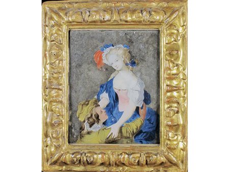 Scuola veneziana, XVIII secolo Corteggiamento Olio su specchio Cornice dorata...