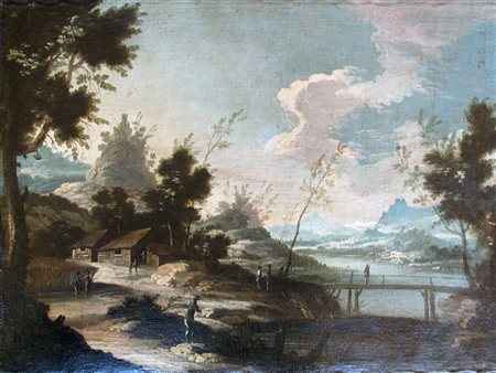 Scuola veneta Paesaggio Fine XVII secolo Olio su tela Misure: 72x96 cm
