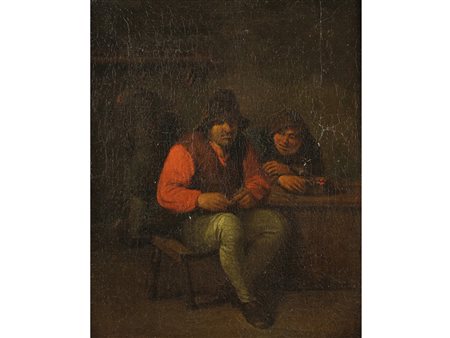 Cerchia di Adriaen van Ostade (1610-1685). Scena d'osteria. Olio su tela....