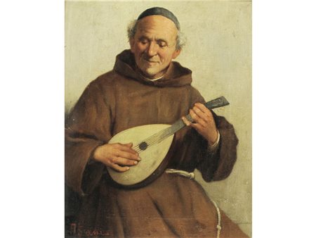 Alessandro Sani (1856-1927) Frate al mandolino Olio su tela Firmato Misure:...