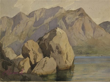Luigi Bianchi (Milano 1827-1914) Laghetto di montagna. Acquarello su carta,...