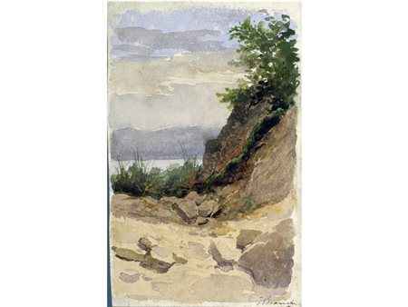 Luigi Bianchi (Milano 1827-1914) Scorcio di lago. Acquarello su carta,...