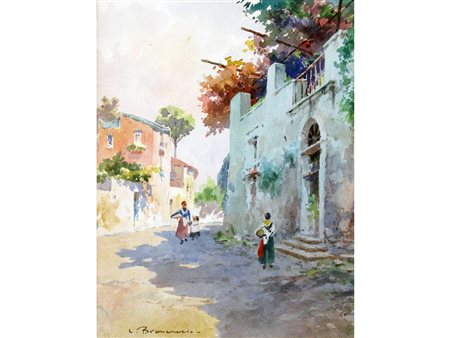 Carlo Brancaccio (Napoli 1861 –1920) Scorcio di paese con firgure Acquarello...