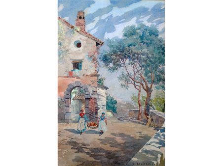 Carlo Brancaccio (Napoli 1861 –1920) Scorcio di paese con figure Acquarello...
