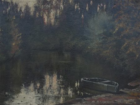 Emilio Parma (1874-1950) Paesaggio lacustre Olio su tela Firmato Misure:...