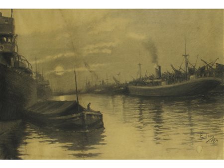 E. Jouy (XIX-XX) Porto della Senna Carboncino su carta Firmato e datato 1934...