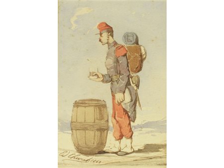 Edmond Chevres (XIX secolo) Soldato Acquarello su carta Firmato e datato 1863...