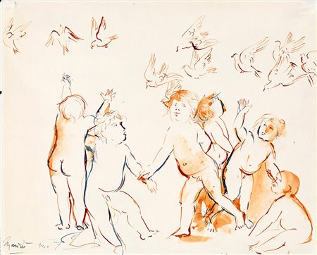 Giacomo Manzù, Putti con volo di colombe 1967 inchiostri e acquerello su...