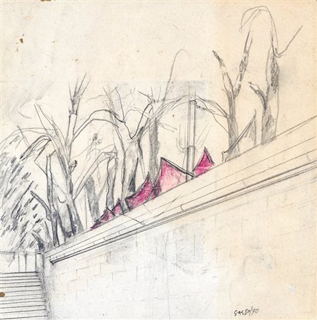 Mario Sasso, Corteo sul lungotevere 1970 Matita e pastello su carta, cm 12x12