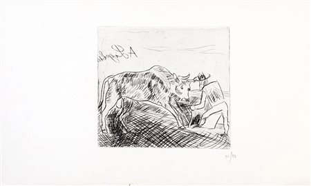 Antonio Ligabue, Picadores con toro 1966 Incisione a punta secca, cm 30x50