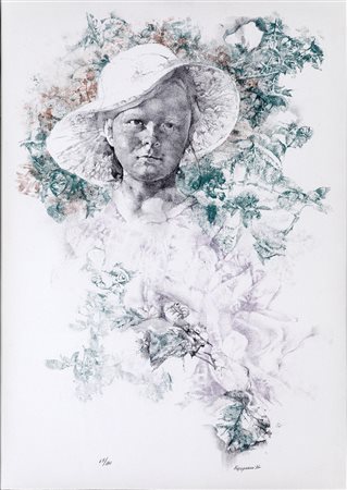 Renzo Vespignani, Bambina con cappello 1978 Litografia, cm 70x50