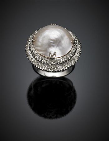 Anello in oro bianco 585/1000 con diamanti e perla blister , g 13,55 misura...