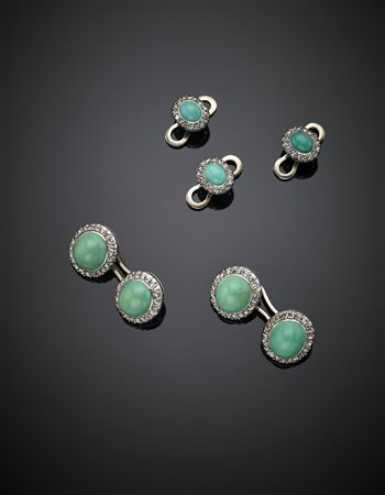 ILLARIOGemelli e tre bottoni da sparato in oro bianco con turchesi e diamanti...