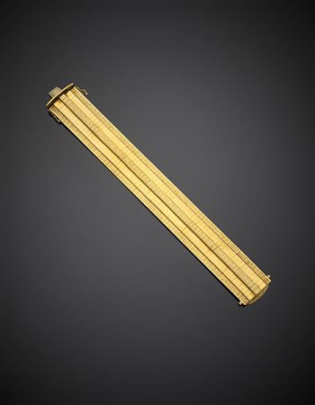 Bracciale flessibile a fascia d'oro giallo in parte satinato, g 80,49, lungh....