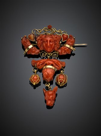 Spilla/pendente neo-rinascimentale in oro giallo e corallo arancione...