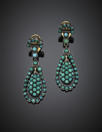 Orecchini pendenti con clip in oro giallo, argento e turchesi, g 18,66,...