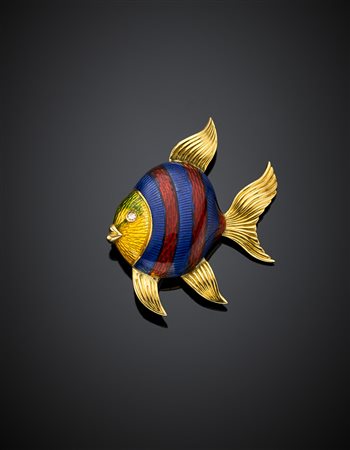 Spilla a guisa di pesce in oro giallo, diamante e smalti g 7,21, lungh. cm...