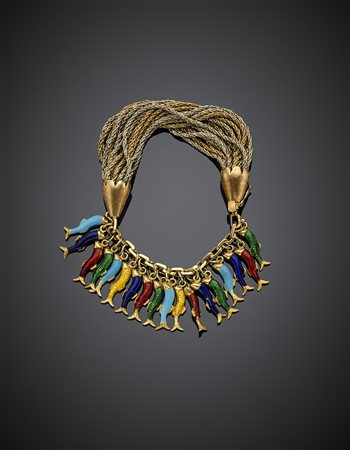 Bracciale multifili in oro giallo con diciannove charms a guisa di pesci...