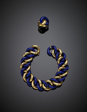 Demi-parure composta da bracciale e anello in oro giallo con smalti blu....