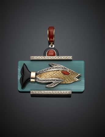 Pendente in argento e oro giallo cesellati e martellati, agata azzurra, onice...