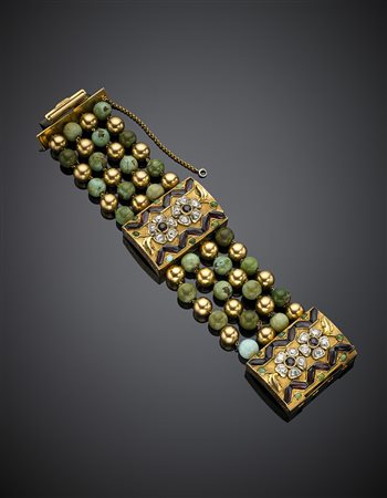 Bracciale in oro giallo a quattro fili di boules alternate in oro e turchesi...