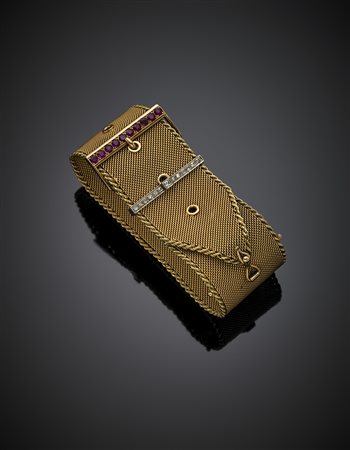 Bracciale a cinturino con fibbia rifinito in diamanti e rubini per...