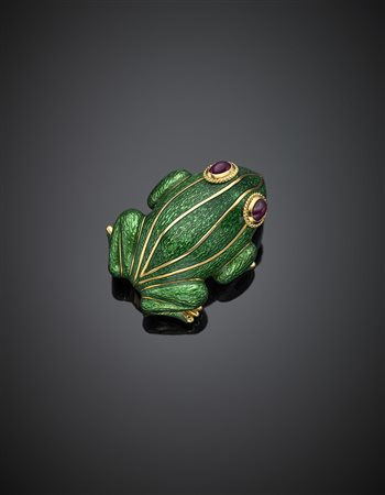 DAVID WEBBBroche a guisa di rana in oro giallo, rubini cabochon e smalto...