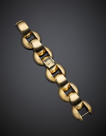 Grande bracciale a maglia bombata in oro giallo 585/1000 con al centro...