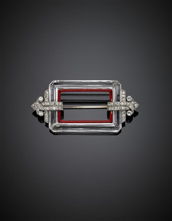 Broche in platino e oro bianco 585/1000 con cristallo di rocca e diamanti per...