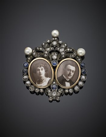 Broche portafoto in oro giallo e argento, diamanti a brillante e a mezza...