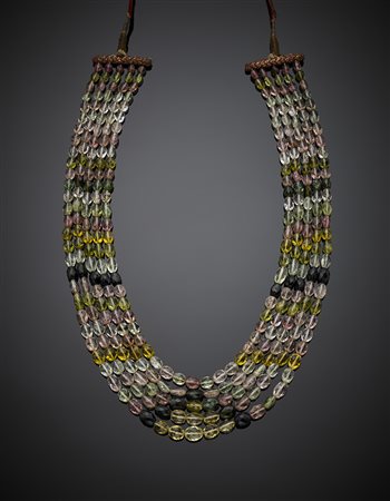 Collana a cinque fili a scalare in tormaline e peridoti a briolette di varie...