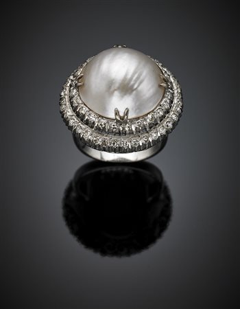Anello in oro bianco 585/1000 con diamanti e perla blister g 13,55 misura...