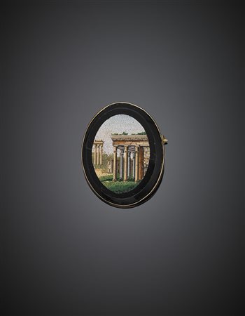 Spilla in oro giallo 500/1000 con micromosaico su onice, g 9,63, lungh. cm...