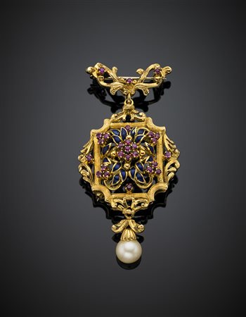 Spilla con pendente estraibile in oro giallo rifinita con smalti blu e...