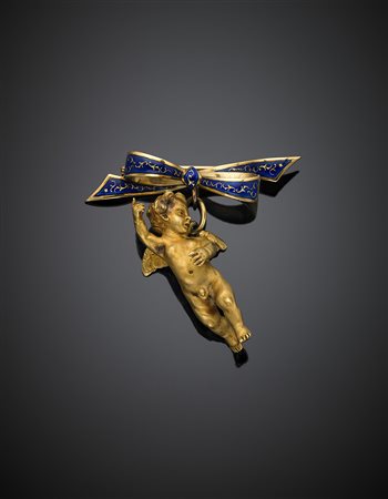 Spilla a fiocco in oro giallo e smalto blu a tenere un pendente a guisa di...