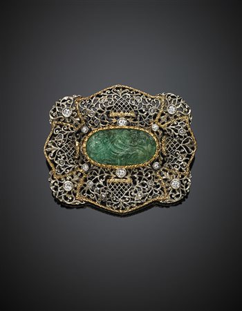 Broche traforata a pizzo in oro giallo e bianco con diamanti per complessivi...