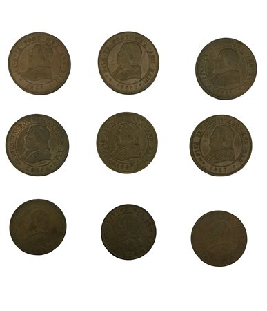 ROMAPio IX (1846-1870)Lotto di 9 monete in rame (di cui 6 da 4 soldi, tutte...