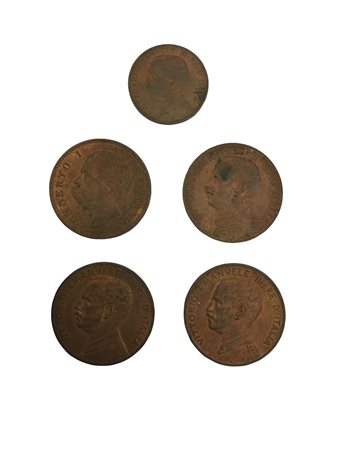 REGNO D'ITALIA5 monete in rame: Umberto I, 5 centesimi 1895; Vittorio...