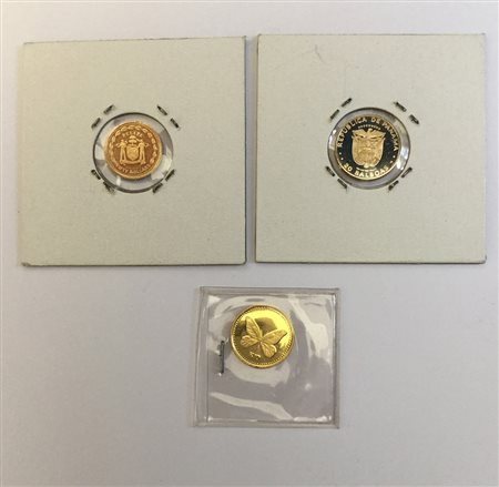 Lotto di tre monetine in oro: Belize, 50 dollars 1981/Colibri; Panama, 20...