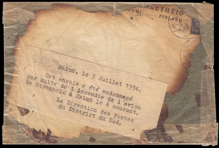 FINLANDIA 1934 (7 lug.)Crash cover. Busta recuperata da incidente aereo della...