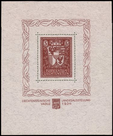 LIECHTENSTEIN 1934Foglietto "Esposizione filatelica di Vaduz". 5 franchi...
