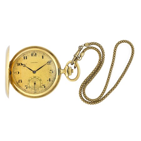 LONGINESOrologio da tasca da uomo in oro 18K, savonnette, con catenaEpoca...