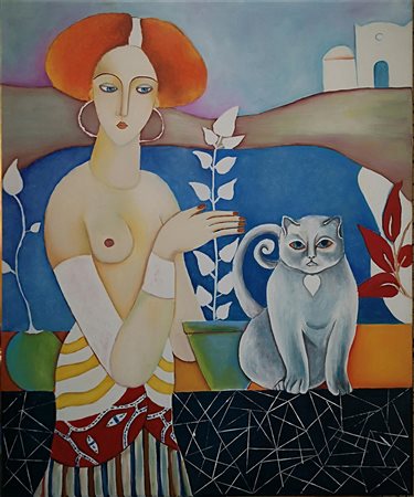 Marian Marczuk Dama con gatto, 2018 olio su tela 60 x 50