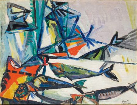 RENATO BIROLLI Verona 1905 - Milano 1959 NATURA MORTA CON ARINGHE, 1947 olio...