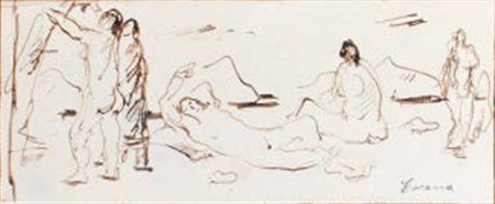 FELICE CARENA Cumiana 1879 - Venezia 1966 FIGURE SULLA SPIAGGIA inchiostro su...
