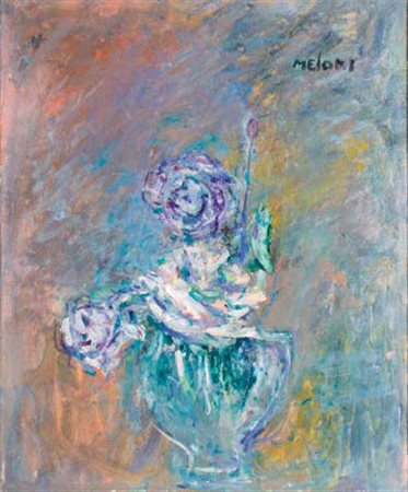 GINO MELONI Varese 1905 – Lissone 1989 ROSE NEL VASO DI VETRO, 1983 olio su...