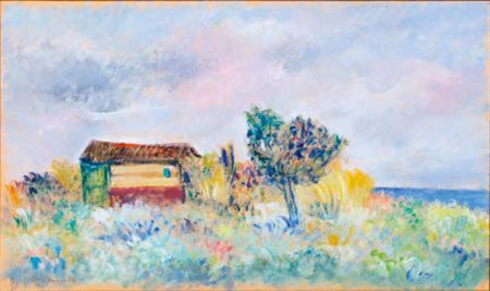 GIOVANNI OMICCIOLI Roma 1901 - 1975 PAESAGGIO tempera su carta applicata su...