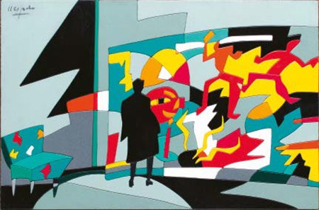 UGO NESPOLO Mosso 1941 FLAME AND LOVE acrilico su legno, cm 40x60. Firmato in...