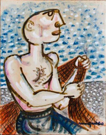 GIUSEPPE MIGNECO Messina 1903 – Milano 1997 PESCATORE tempera su carta...