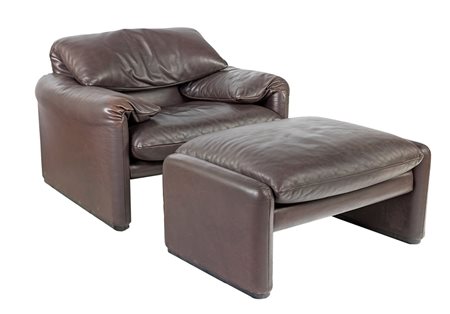 Poltrona con poggiapiedi "Maralunga " rivestimento in pelle marrone con...